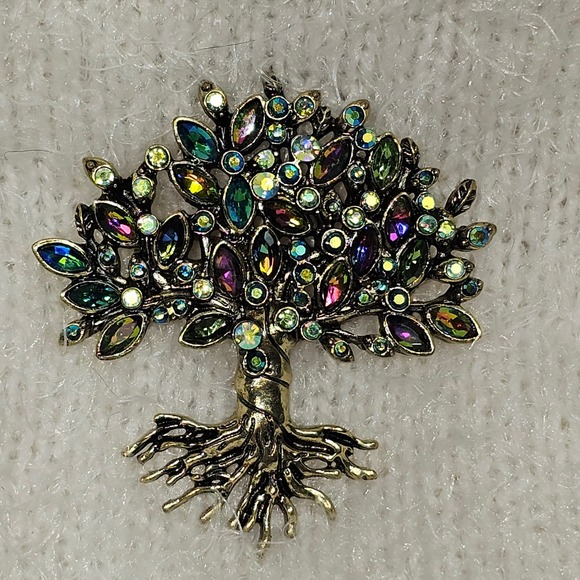 Jewelry - Tree of Life Brooch Multi Color Rhinestone Gold Tone Crystal Pin